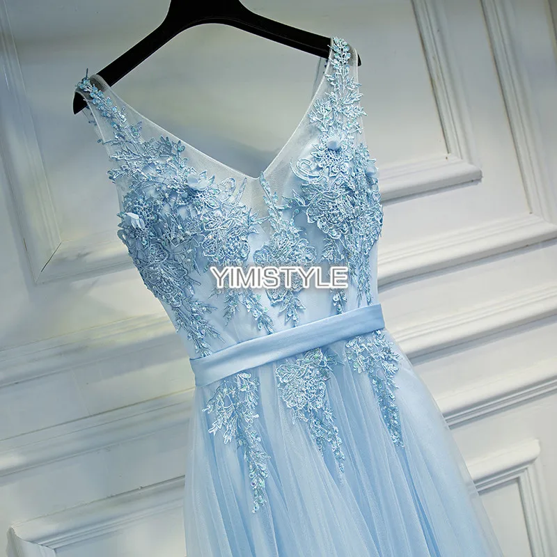 Элегантное светло синее кружевное торжественное женское вечернее платье длиной