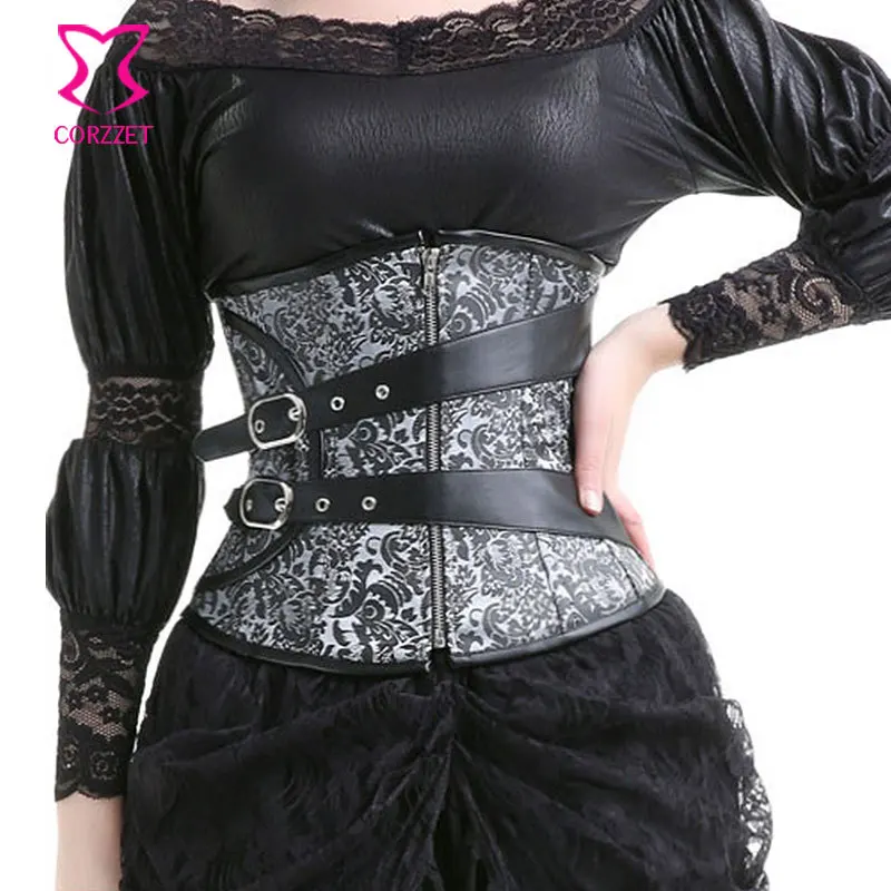 Silver Brocade Black Leather Belt Steel Boned Steampunk Underbust Corset Sexy Gothic Lingerie Slim Waist Cincher Ziper Corsets