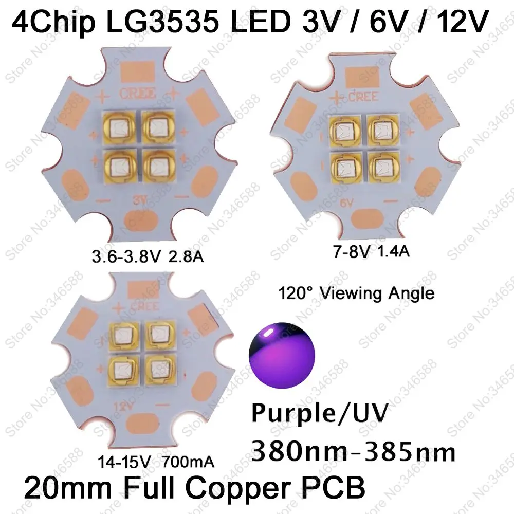 2pcs 3V 7V 14V LG3535 10W 4Chips 4LEDs High Power LED Emitter Chip Diode UV Ultraviolet 380nm - 385nm 120 degree Viewing Angel