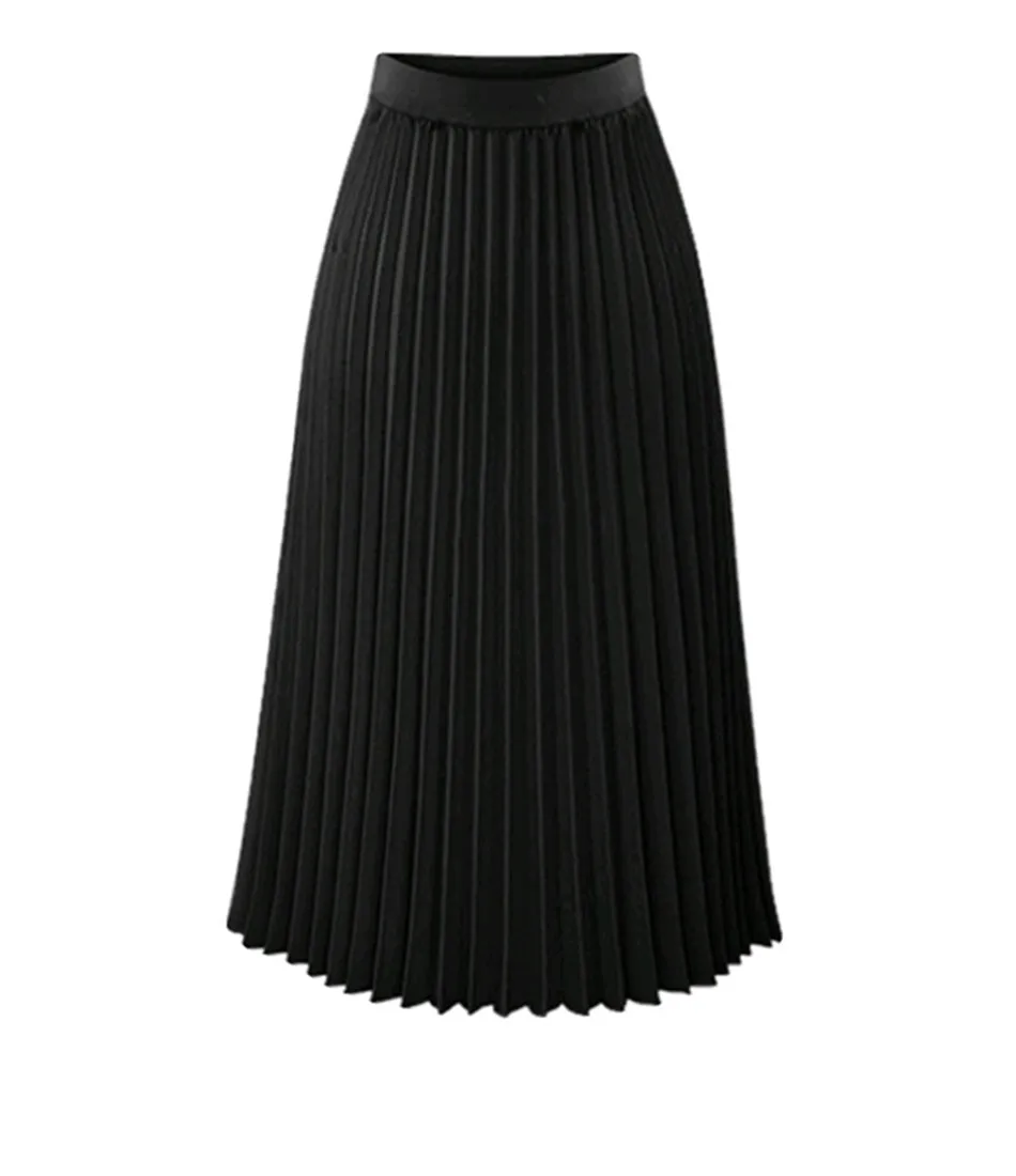 High Waist Pleated Skirt Fashion Solid Long Skirts Black Pink Length Elastic Skirts Woman Summer Fashion Office Maxi Skirt