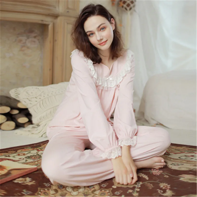Винтаж Раффлед пижамный комплект светло зеленый Хлопковая пижама Femme осень