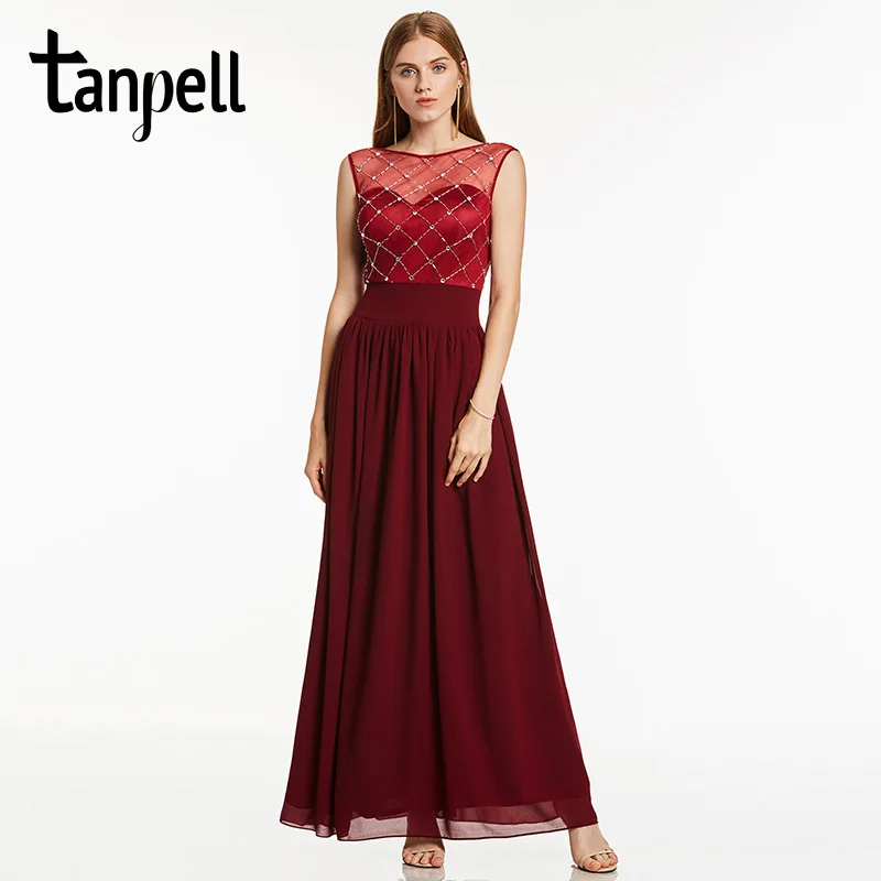 

Tanpell beaded evening dresses pearl pink bateau neck sleeveless floor length a line gown cheap women formal long evening dress