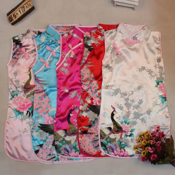 Детское платье-Чонсам без рукавов в стиле ретро с китайским павлином для