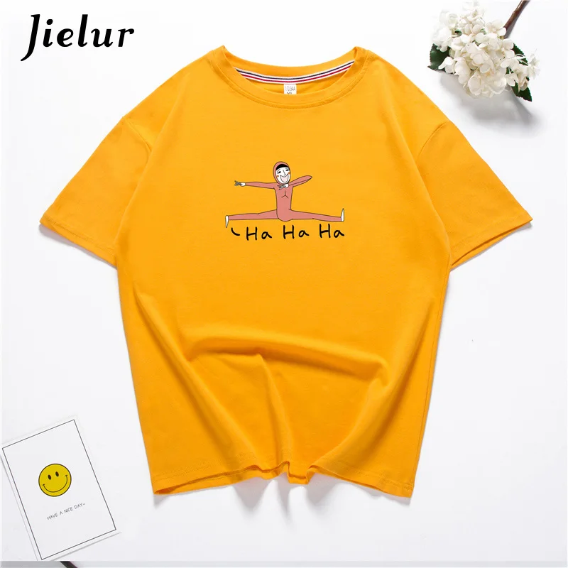 Jielur счастливый Harajuku Kawaii печатных забавная футболка Femme хлопок белая черный M-XXL