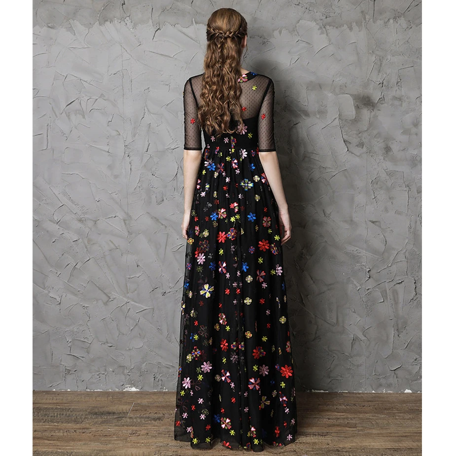 CEEWHY O-Neck Floral Embroidery Black Evening Dresses Long Prom Abiye Vestido de Noche Vintage Dress Half Sleeve | Свадьбы и