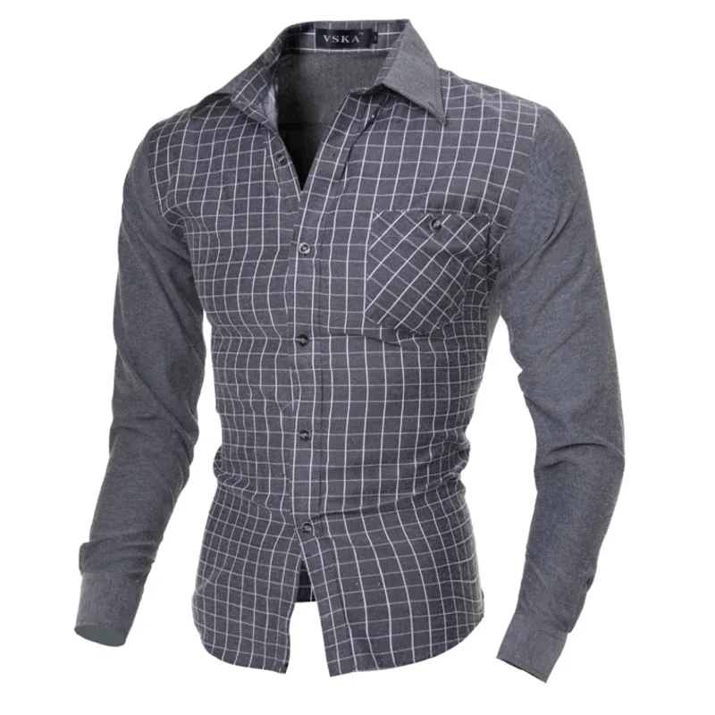 Men's new hot fashion the perfect grid splicing long-sleeved shirt personality cultivate one's morality leisure business | Мужская
