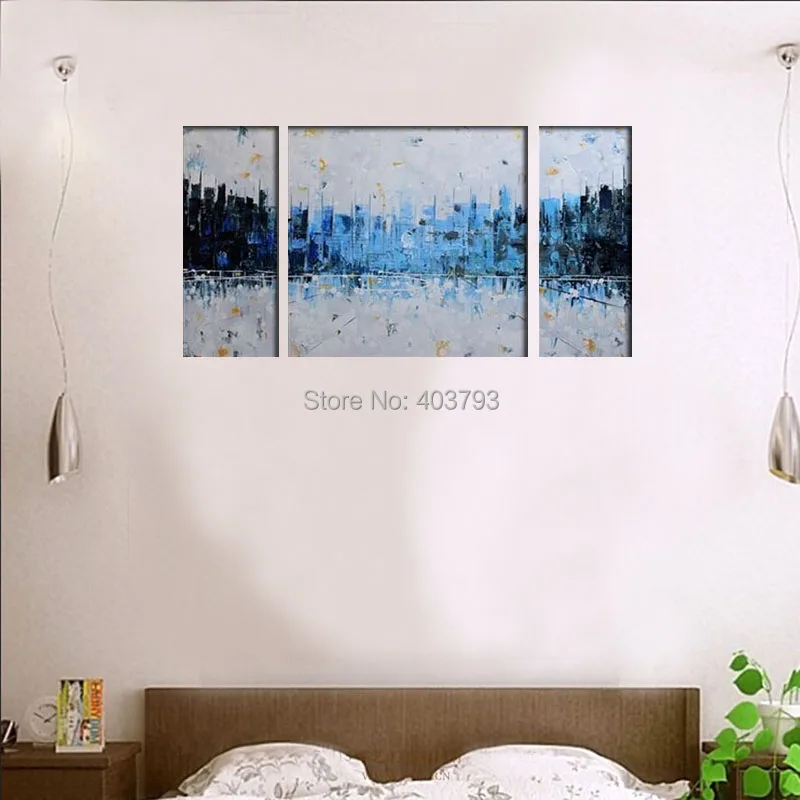 Современная 100% ручная роспись маслом на холсте &quotсиний город&quot 3 шт. абстрактная