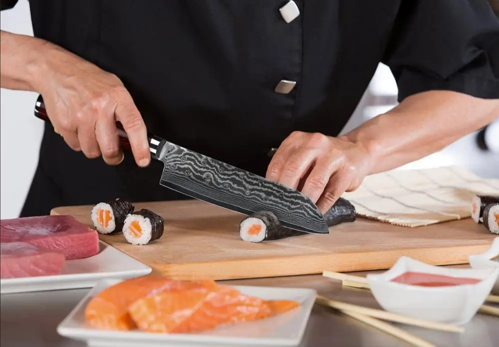 TUOHE 7 дюймовые ножи шеф повара для нарезки дамасской стали 67 слоев нож Santoku VG10