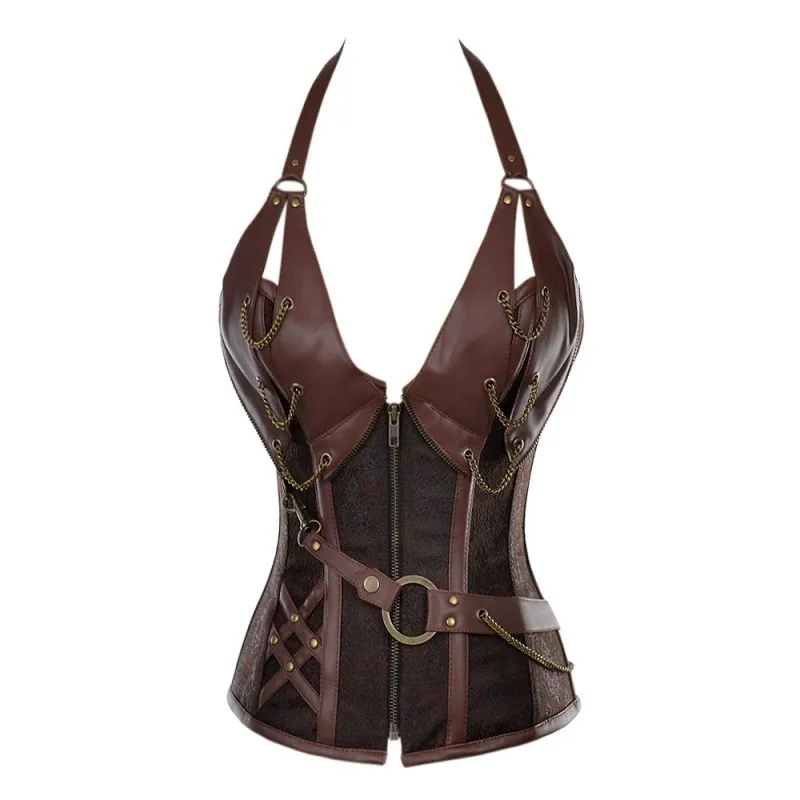 Ретро бюстье корсеты 14 стальных костей стимпанк Бурлеск Черный Коричневый кожаный Холтер Бюстье корсет с Танга сексуальное нижнее белье 6XL