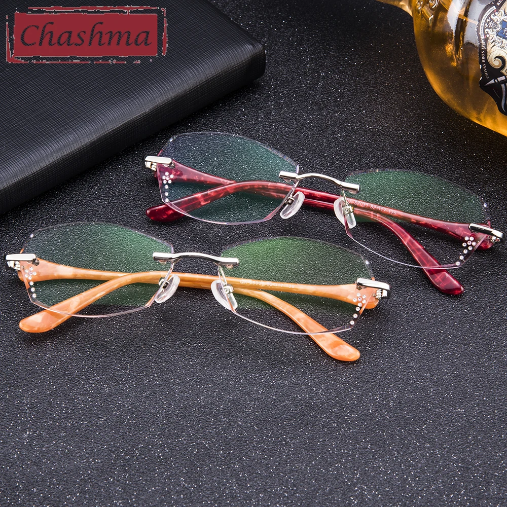 Chashma титановые Модные женские очки для глаз, алмазная оправа без оправы для очков, Женские оправы для очков, цветные линзы