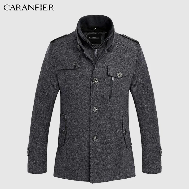 CARANFIER новое зимнее шерстяное пальто приталенные куртки модная верхняя одежда теплая мужская повседневная куртка пальто бушлат размера плюс M-XXXL