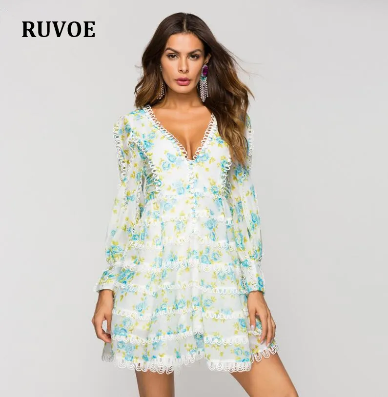 

High Quality Luxury Brand New Fashion 2019 Designer Runway Dress Long Sleeve V-neck High Waist Embroidery Dress Elegant Vestido
