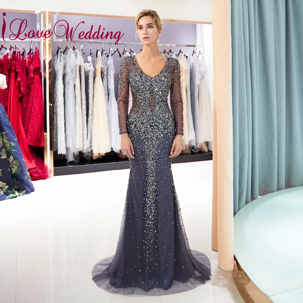 ILoveWedding темно синие пикантные V образным вырезом одежда с длинным рукавом