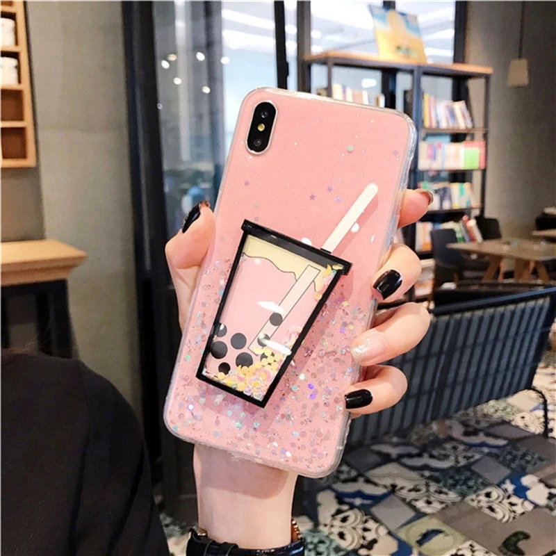 Модный прозрачный цветной блестящий чехол для телефона iPhone X XR XS Max 3D молочный чай