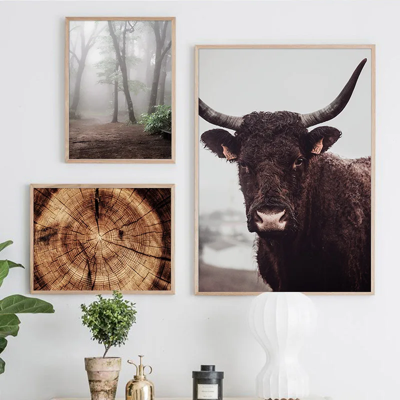 Плакат в скандинавском стиле Nature Highland корова Гора пейзаж настенное искусство