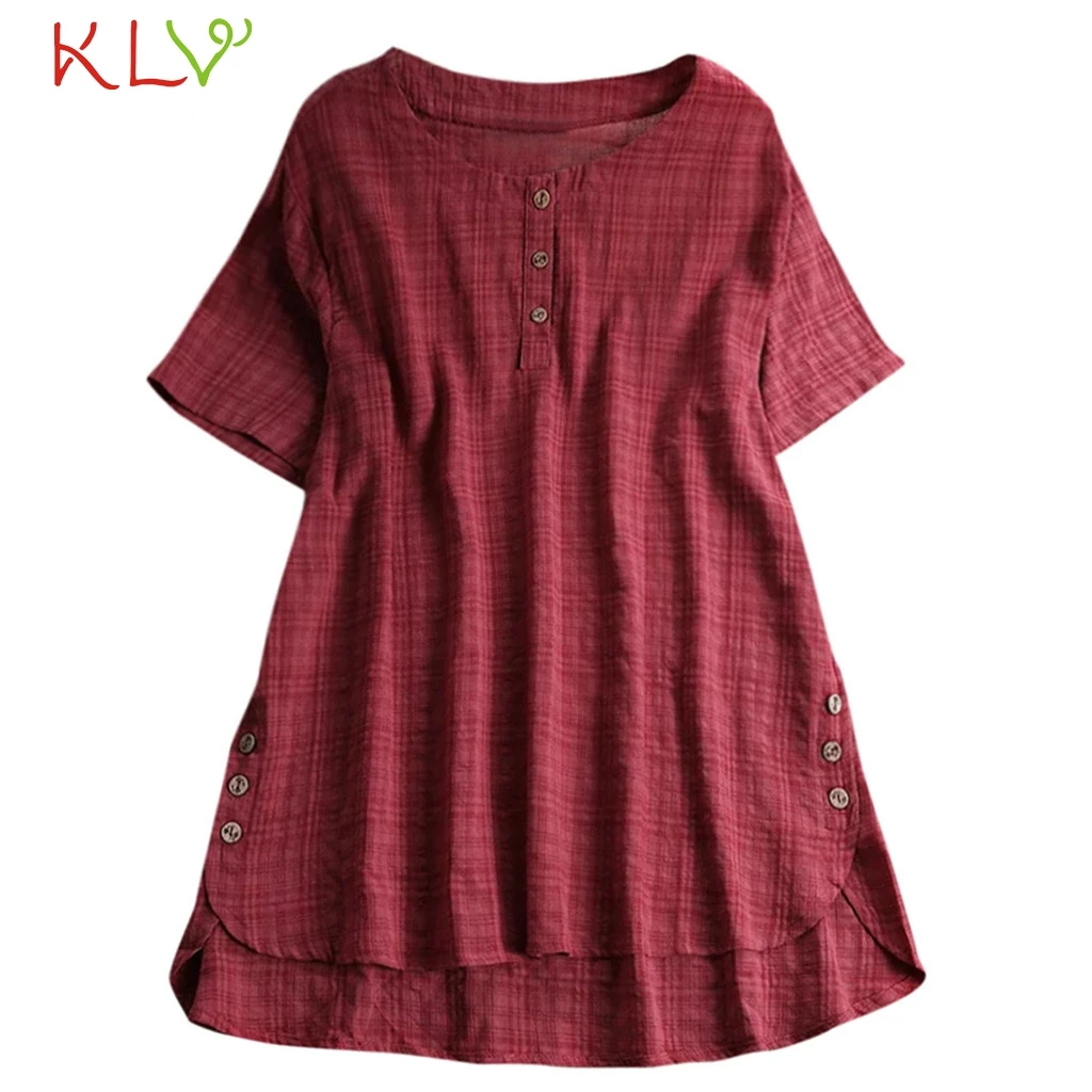 Женская футболка из хлопка и льна летний клетчатый топ с коротким рукавом 5XL