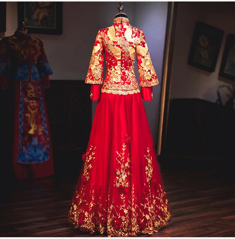 Красное платье Чонсам с вышивкой длинное свадебное Qipao женское традиционное