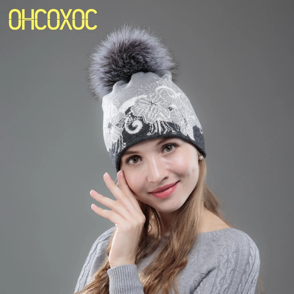 Новый Для женщин кашемировые зимние шапки с натуральным лисьим мехом шапка