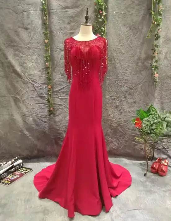 Wine Red VENSANAC, иллюзия, о-образный вырез, кристалл, Русалка, Длинные вечерние платья, винтажные, вечерние, с кисточками, с коротким шлейфом, платья для выпускного вечера - Цвет: Wine Red