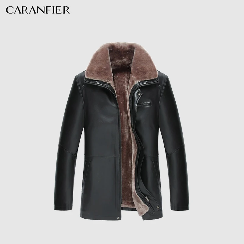 

CARANFIER Leather Jackets Mens Winter Faux Fur Male Overcoat Plus Velvet Thick Warm Riding Zipper Coats PU Outerwear Windproof