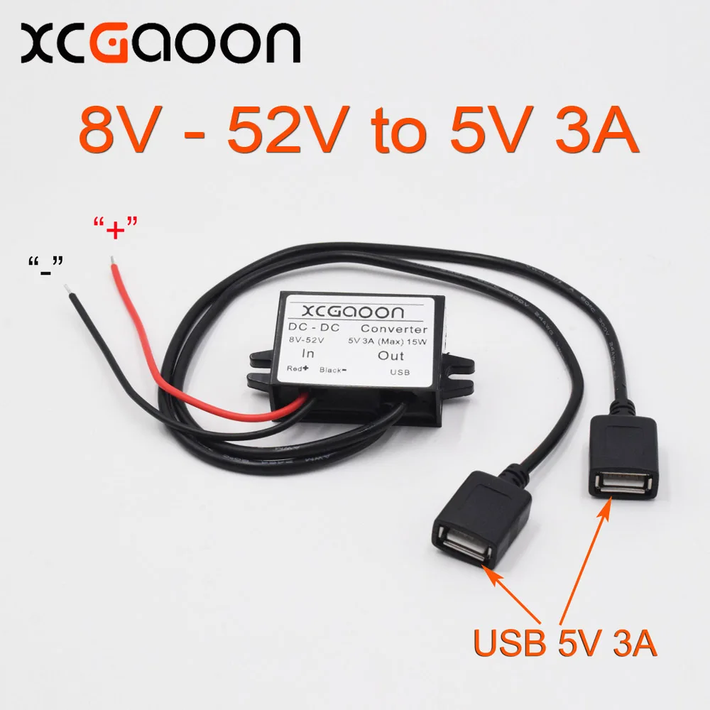 

XCGaoon Dual 2 USB DC-DC Car Converter Module Cable input DC 12V 24V 48V To USB Ouput 5V 3A 15W Power Adapter