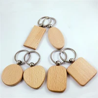 100pcs/Lot Natural Wood keychain Free for DIY 1 Side Logo Beech Wooden Key Chain Square Round Heart Shape Wood Keyring