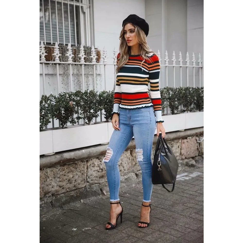 Colorful Stripe Woollen Sweater Fashion 2018 Sweaters Women Clothes Super Elastic Autumn Knitting Winter Tops Rainbow | Женская одежда