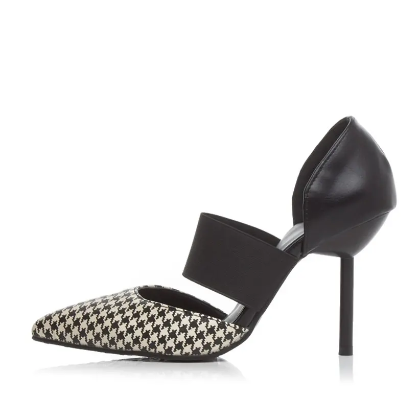

Summer Women Pumps 9cm Thin High Heels Black Checkered PU Leather Pointed Toe D'Orsay Casual Office Cross Band Hollow Lady Shoes