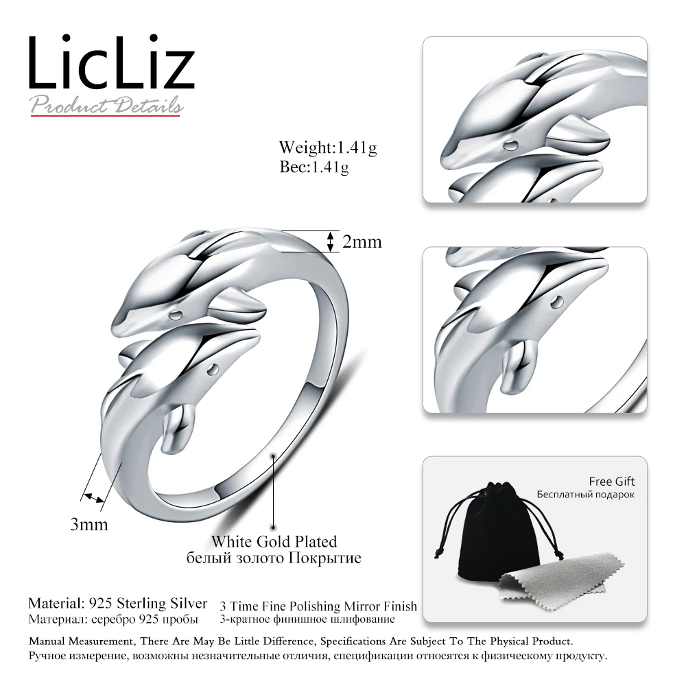 LicLiz, настоящее 925 пробы, Серебряное животное, дельфин, манжета, кольца для женщин, открытое регулируемое кольцо, ювелирные изделия, Anillos Mujer LR0409
