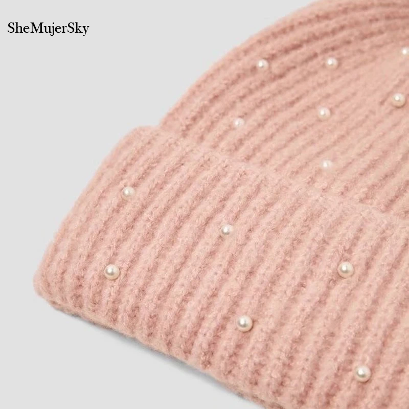 SheMujerSky, женская шапка, вязаная, толстая, шапочка, шапки, одноцветные, теплые, зимние, с бисером, шапки, модные, брендовые, шапочки