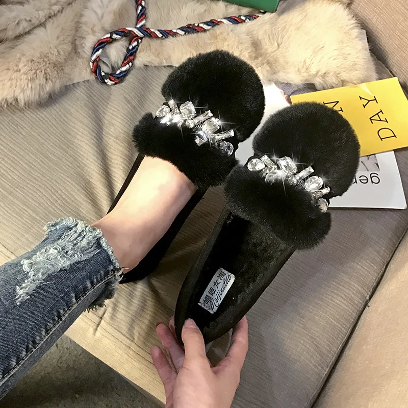 Туфли женские из натурального кроличьего меха удобные лоферы на толстой подошве