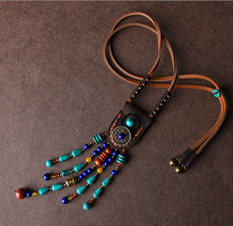 Модные Этнические верхний слой кожи Jewelry тибетская ожерелье, Vintage камни ожерелье, новые женские индийский подвески, колье