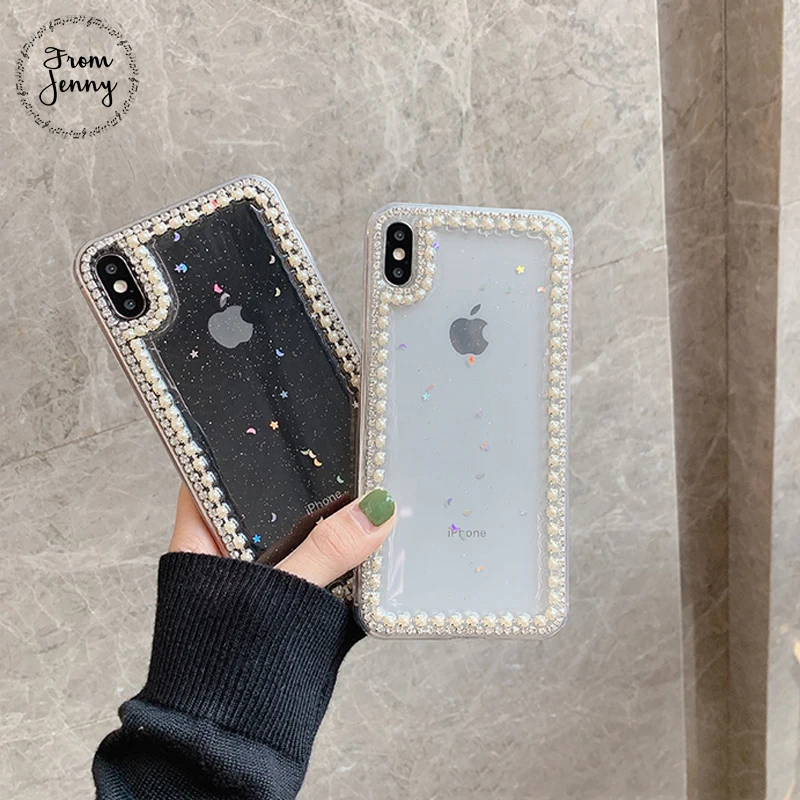 From Jenny Epoxy glitter rhinestone pearl for iPhone 11 pro x xr xs max 6 6s 78 Plus transparent silicone soft shell |
