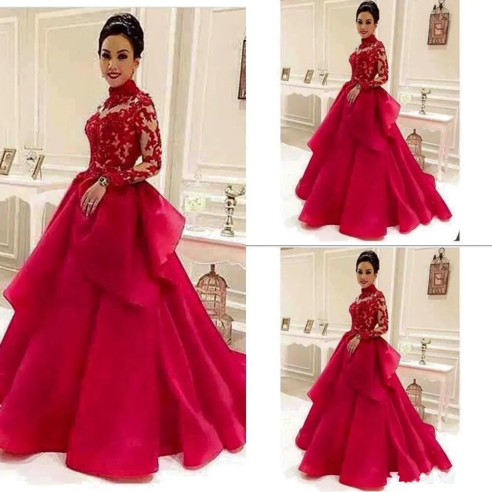 High Neck Long Sleeve Red Wedding Dresses Lace Organza A Line Floor Length Vintage Design Bridal Gowns Custom Vestido de novia | Свадьбы и