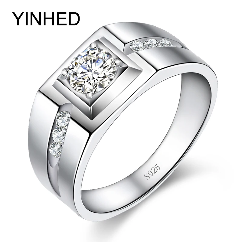 YINHED 100% твердое искусственное серебряное кольцо 1 карат искусственный циркон