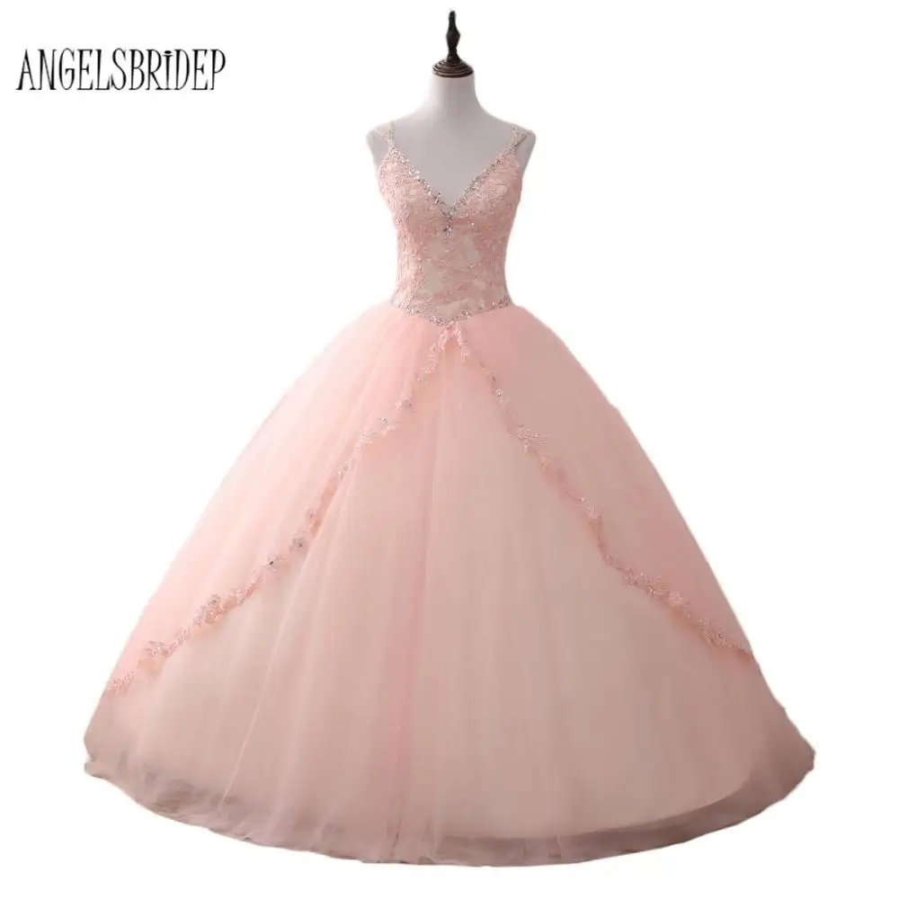 ANGELSBRIDEP Тюль бальные платья с v-образным вырезом, с кружевными аппликациями, сладкий 16 пышные бальные платья для выпускного вечера светится в течение 15 лет - Цвет: Розовый