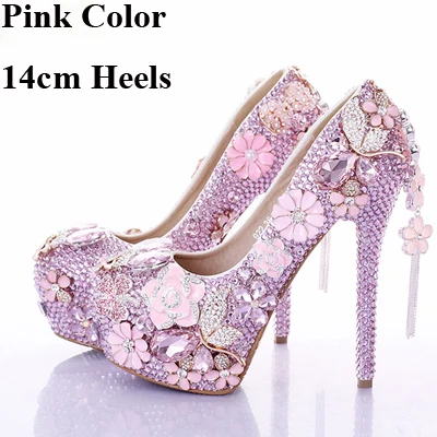 Pink 14cm Heels Роскошный Серебристый Стразы Свадебная обувь с украшением в виде кристаллов с застежкой на лодыжке Юбилей вечерние туфли на высоких каблуках, ручная работа, 5 дюймов - Цвет: Pink 14cm Heels