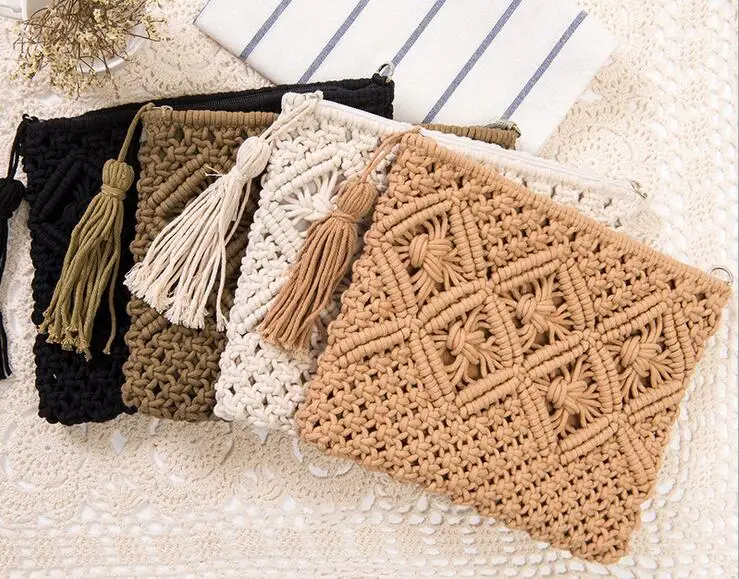 

2017 fashion Beach Bohemian Tassel Clutch Bag Wallet bolsa feminina Women Crochet Fringed Straw Bag Coin Purse Card Holder