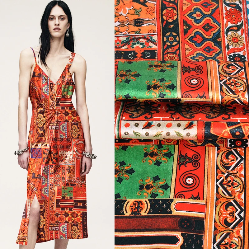 

118CM Wide 19MM Traditional Print Stretch Orange Silk Satin Fabric Good for Summer Dress Skirt Shirt Pants JH174