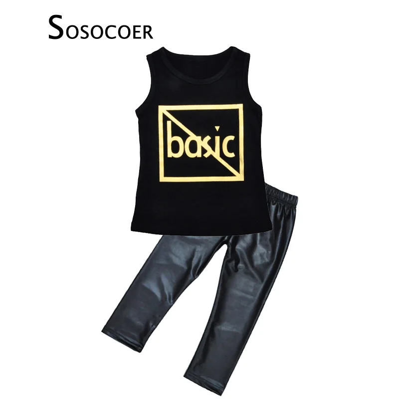 

SOSOCOER Girls Clothing Set Summer Style Baby Clothes Letter Pattern Sleeveless T-shirt+PU Pants 2pcs Kids Boys Clothing Sets