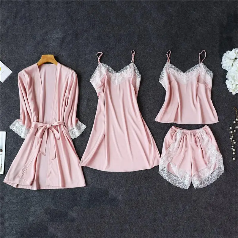 Style 1 4 шт. женские сексуальный прозрачный шелк сатиновая Пижама женская пижама с кружевами комплект, одежда для сна, одежда для дома, одежда для сна, для Для женщин - Цвет: Style 1