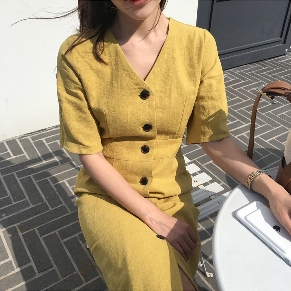 Yanueun Normcore 2019 летнее однотонное платье с v образным вырезом и коротким рукавом