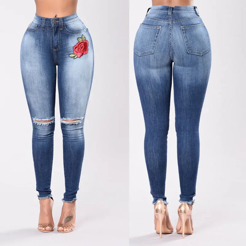 Джинсы с вышивкой 2017 женские джинсы высокой талией облегающие рваные эластичные