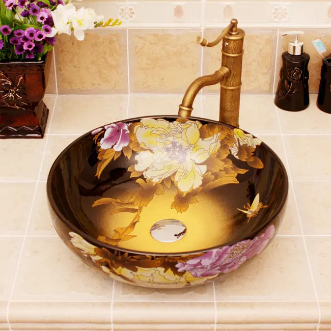 Европейский Винтажный умывальник Lavabo керамическая ванная раковина верхняя полочка на заказ умывальник с рисунком пиона умывальник - Цвет: design 3