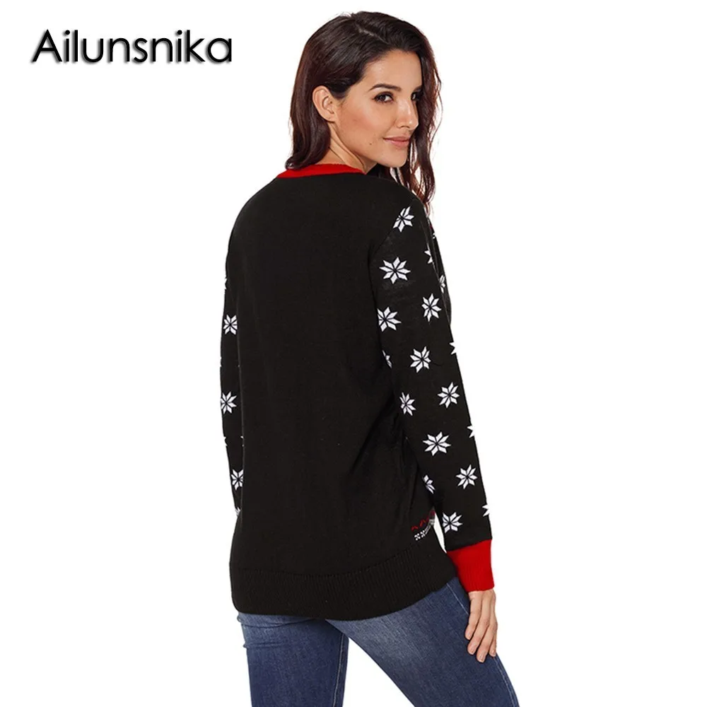 Ailunsnika 2018 Women Casual Black O-Neck Full Sleeve Reindeer Snowflakes Santa Sweater For Christmas Day Size S-XXL DL27823 | Женская