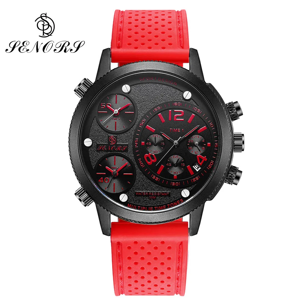 

SENORS Multi-function Mens Quartz Sports Watches Waterproof Multiple Time Zone Canvas+Leather Strap Male Clocks