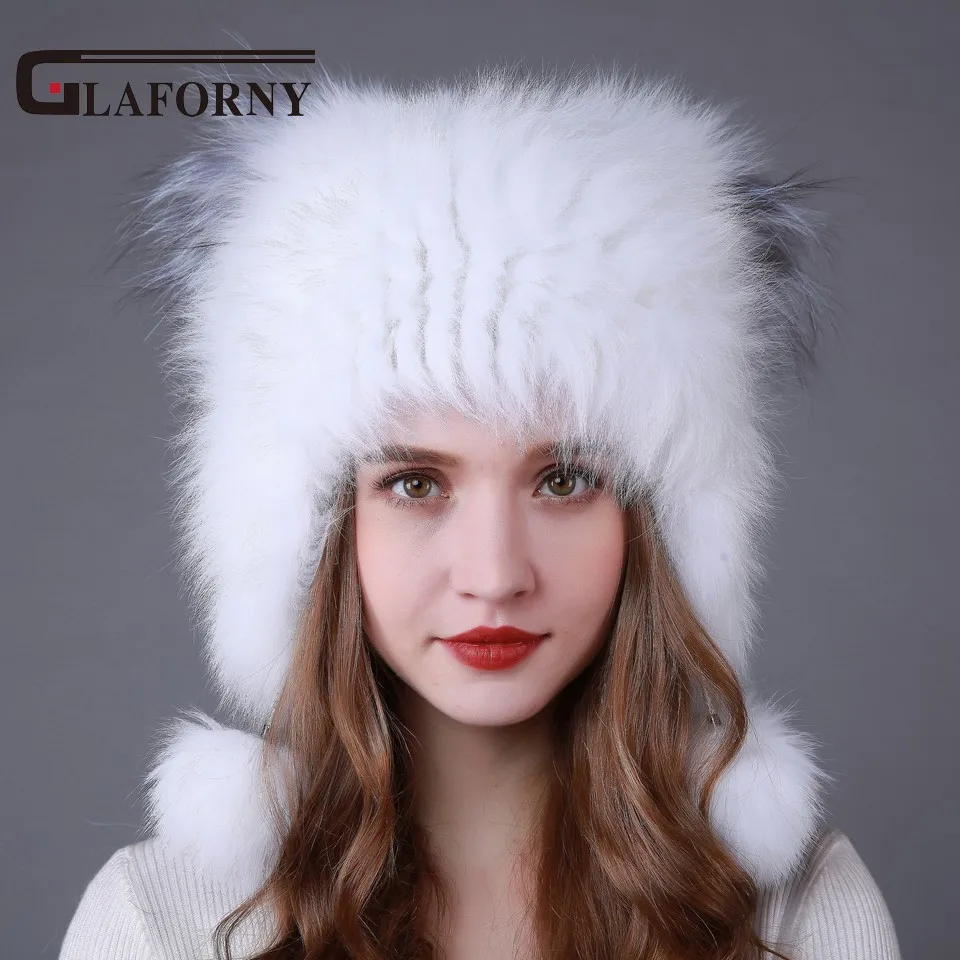 Женские вязаные меховые шапки Glaforny теплые ушанки с помпонами из лисьего меха