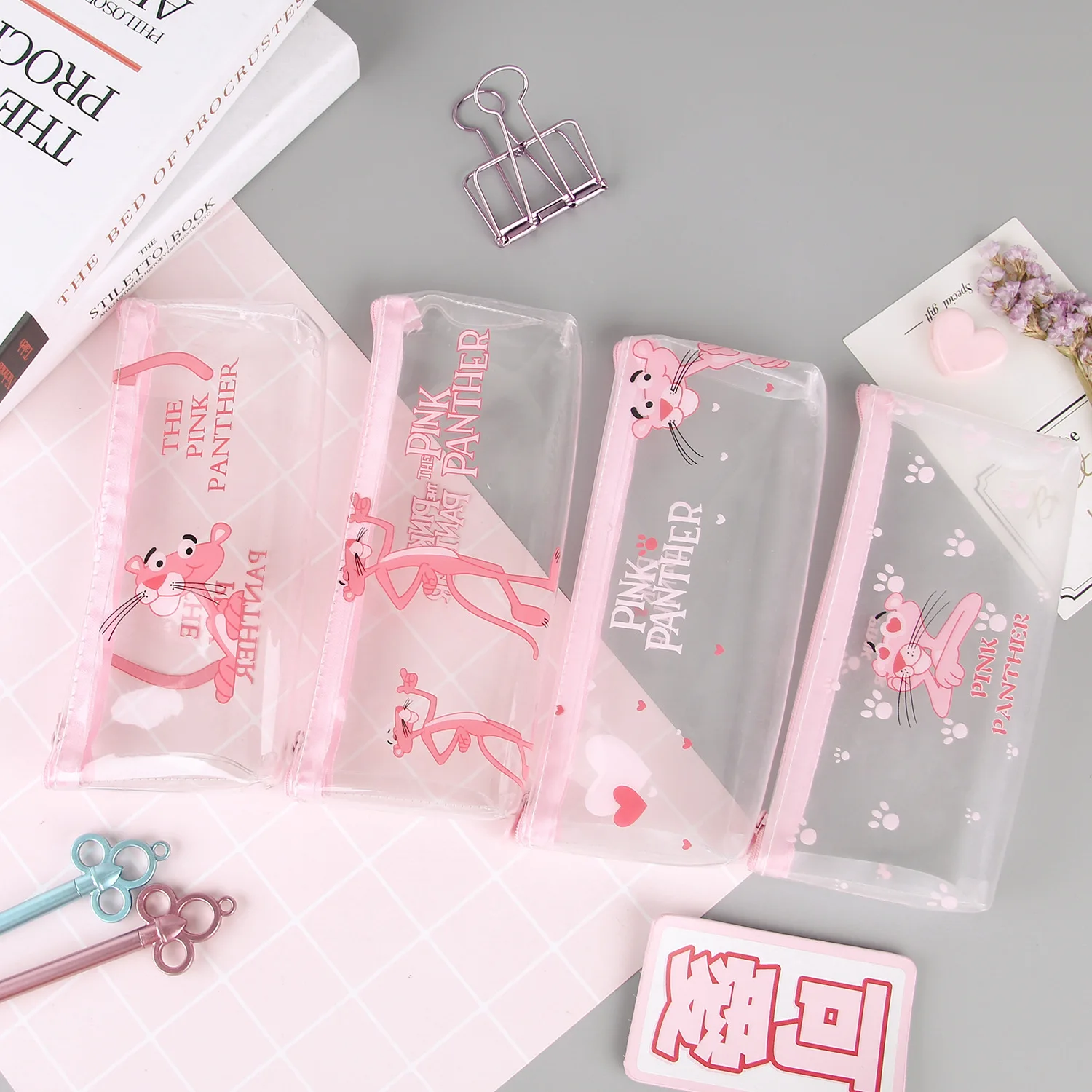 Прозрачный мультяшный чехол карандаш Kawaii Розовая пантера большой пенал для