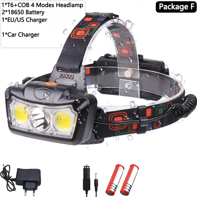 Package F Powerfull LED Headlamp T6+COB LED Headlight Head Lamp Flashlight Torch Lanterna head light Use 2*18650 battery for Camping - Испускаемый цвет: Package F