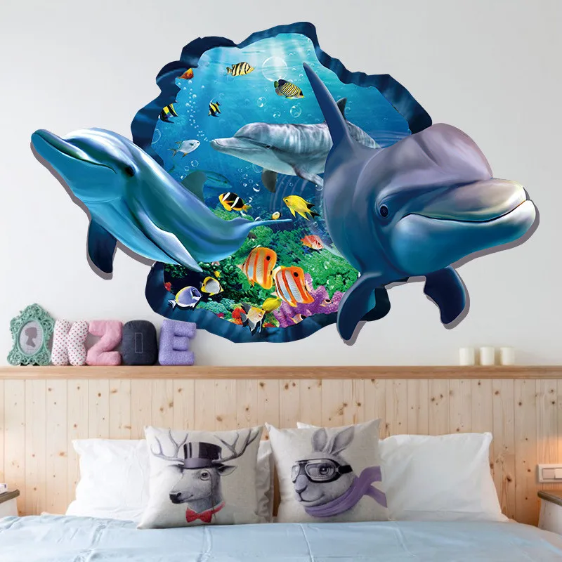 Underwater Fish Dolphin 3d Vivid Window Wall Stickers DIY Wall decals Bathroom Living Room Bedroom Home Decoration Poster
